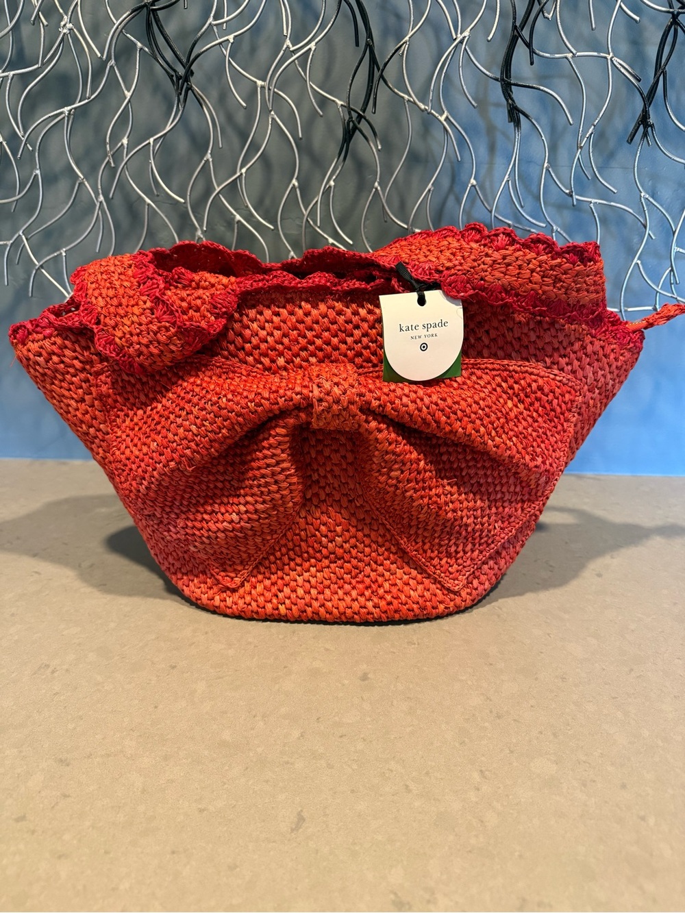 NWT - Kate Spade orange-red woven bow tote